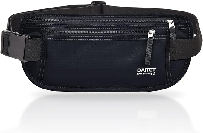 RFID Blocking Money Belt for Men Women, Slim Fanny Pack For Travel，Running,Conceal Waist Wallet For Passport Holder,Phone,Cash(Dark Black) by DAITET