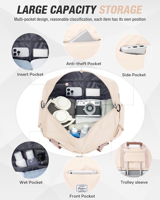Expandable Travel Duffle Bag for Women Men, Large Gym Bag Travel Tote Bags, Waterproof Carry On Personal Item Bag Airline Approved, Workout Weekender Bag for Overnight Trips with Luggage Sleeve, Beige | Waterproof Carry On Personal Item Duffel Bag 40L ... - Image 5