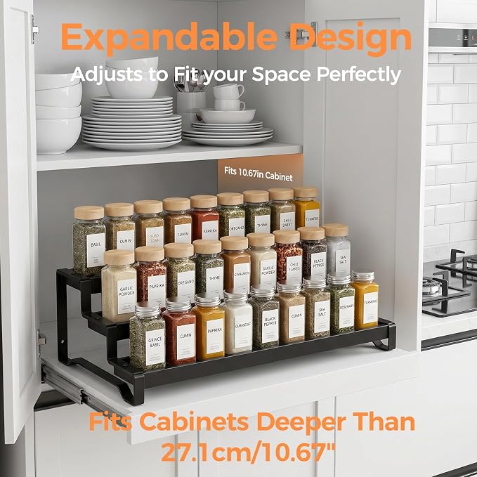 Spice Rack Organizer for Cabinet, 3-Tier Expandable 14.37"–26.02" Seasoning Organizer Shelf – Sturdy Metal Spicy Shelf for Jar & Bottle Storage in Kitchen Cabinet & Pantry, Black - Image 2