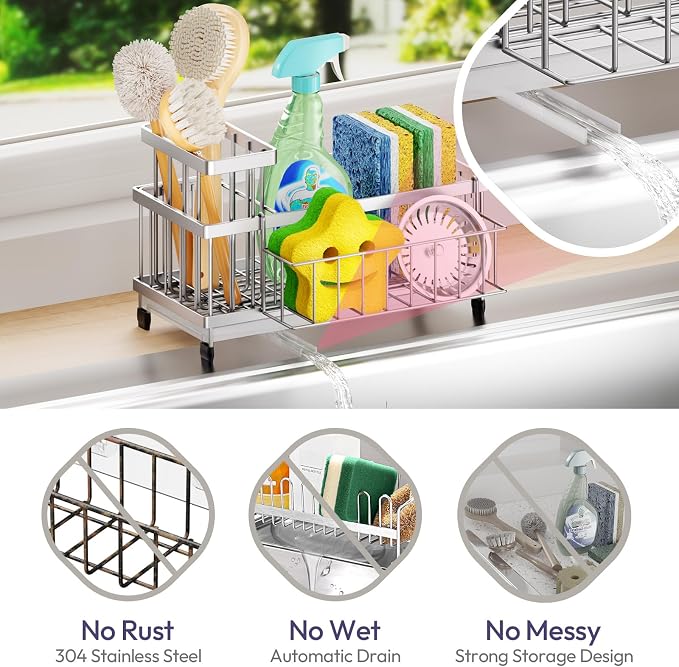 SWTYMIKI Sink Caddy Sponge Holder - Large Sponge Holder for Kitchen Sink with 360°Auto-Drain Tray, Rustproof Stainless Steel Kitchen Organizer Caddy for Countertop Organization - Image 3