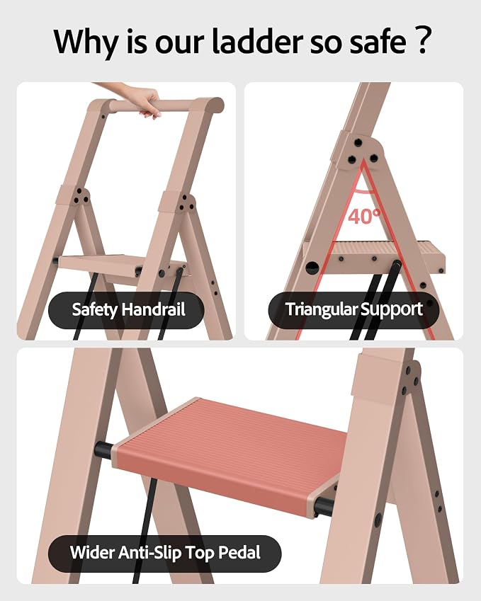 Taranta 3 Step Ladder,Aluminum Step Stool Foldable-Peach Pink | Folding Ladder with Handgrip,Wide Top Pedal,330lbs Capacity Stepladder for Home,Office,Kitchen - Image 3