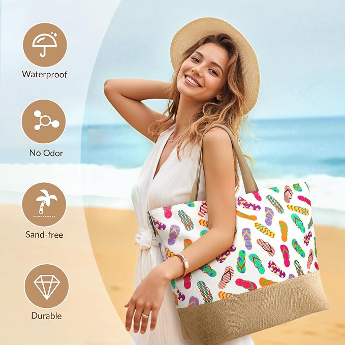 Trifabricy Beach Bags for Women,Waterproof Straw Beach Tote Bag With Zipper | Spacious Storage Capacity, Secure Zipper Closure, Reinforced Carry Handles, Stylish Printed Design For Outdoor Activities - Image 5