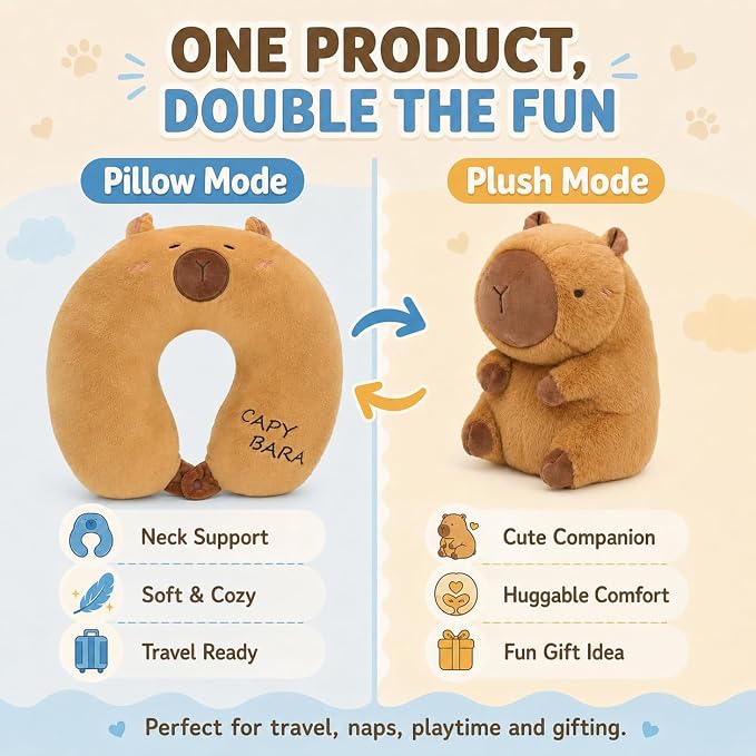 Capybara Travel Pillow for Kids & Adults Car Neck Pillow Memory Cotton U-Shaped Neck Pillow Soft Head Support Travel Accessories for Airplane Car Train Bus Airplane Pillow - Image 8