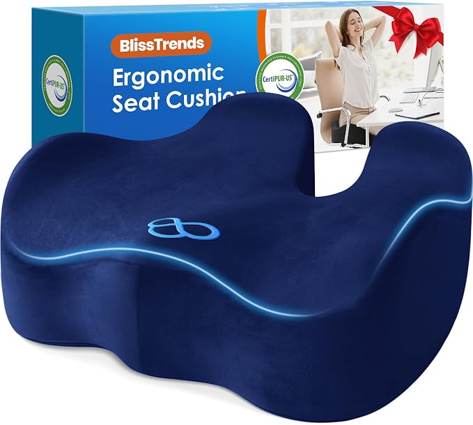 BlissTrends Extra Thick Seat Cushion for Office Chair & Car Seat, Blue | Tailbone & Sciatica Relief, Ergonomic Support, High-Density Memory Foam, Comfort for Extended Sitting by BlissTrends