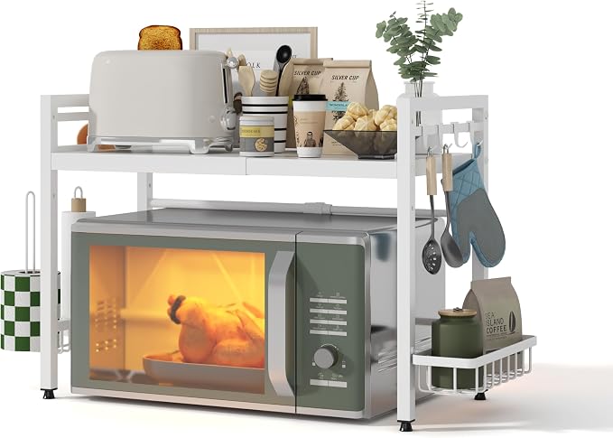 2 Tier Expandable Microwave Stand countertop,Microwave Oven Rack | microwave shelf, storage shelf for pans &appliances,with Paper Towel Holder and Baskets，8 Hooks,55lbs max load,White by NETELOfficial