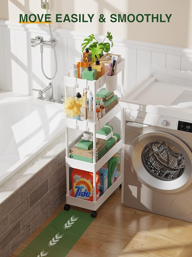 LEHOM Slim Rolling Storage Cart - 4 Tiers Bathroom Organizer Utility Cart | Slide Out Storage Shelves Mobile Shelving Unit for Kitchen, Bedroom, Office, Laundry Room, Small Narrow Spaces (7.1" W+White) - Image 6