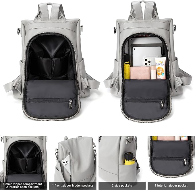 Fashion Backpack Purse For Women Anti-theft Rucksack Pu Leather Lightweight Water-resistant Shoulder Bag,Gray - Image 3