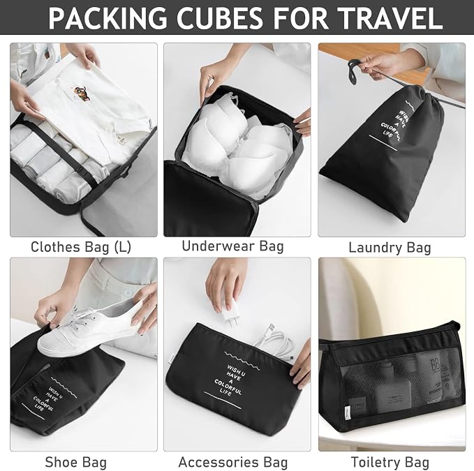 KPX 8 Set Packing Cubes for Travel, Luggage Packing Organizers Accessories Large Toiletries Bag for Clothes Shoes Cosmetics (Black) - Image 4