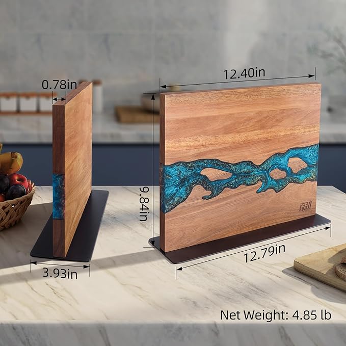 Magnetic Knife Block, Double Sided Holder, Powerful Magnet Kitchen Storage, Acacia Wood and Blue Resin (12 x 10 Inches, Without Knives) - Image 7