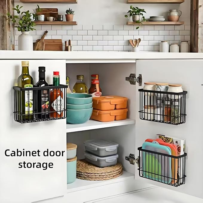 2 Pack Adhesive Cabinet Door Organizer, No Drilling Required, Hanging Storage Basket Organizer Wall Mounted Pantry, for Kitchen, Fridge, Bathroom (Black) - Image 2
