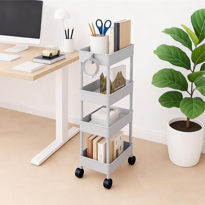 ShellKingdom 4 Tier Bathroom Storage Organizer, Slim Rolling Storage Cart for Narrow Space, Mobile Shelving Unit with Lockable Wheels and Hooks for Bathroom, Kitchen, Laundry Movable Shelf (Grey) - Image 4