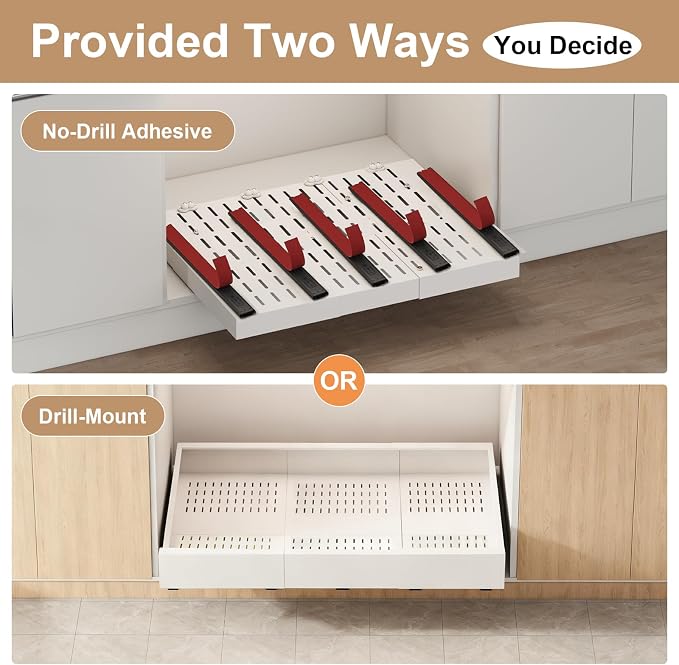 Fokyfok Pull Out Cabinet Organizer,23"-31"W,17"-24"D,Expandable,Adhesive | No Drill,5 Rails,Adjustable Slide out Drawers for Kitchen,Pantry,Roll out Shelves,Cabinets Without Lip,Framless,White,1PC - Image 6