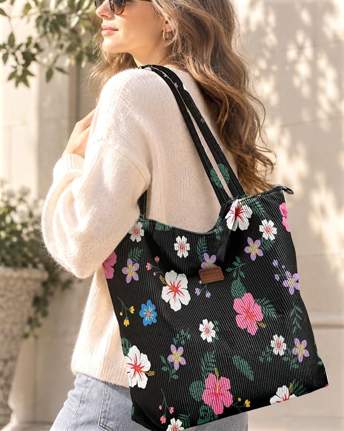 Aesthetic Corduroy Tote Bag with Zipper for Women | Reusable, Fits 14 Inch Laptop, Inner Pocket, double-sided print, Lightweight - Image 2