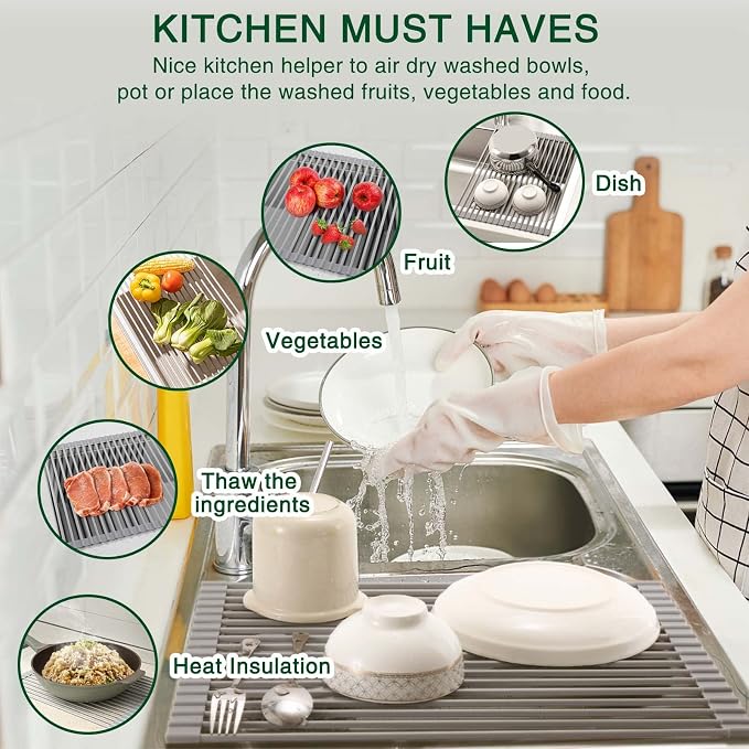 HANZENMA Roll Up Dish Drying Rack Over The Sink Kitchen Roll Up Sink Drying Rack Multipurpose Foldable Sink Drying Mat, Heat-Resistant, Anti-Slip & Anti-Rust Dish Rack for Kitchen, 17" x 13", Grey - Image 3