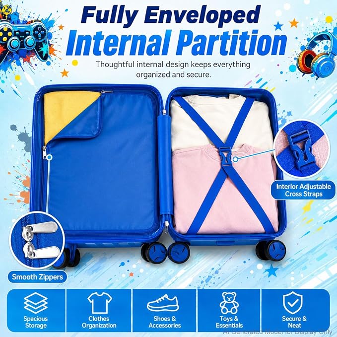 Boys Suitcase, Lightweight Hardshell Spinner Kids Luggage Set 2PCS with Wheels - Airplane Approved Carry-On for Children Ages 3-10, Energetic Game Rolling Suitcases for Elementary Toddler Travel - Image 9