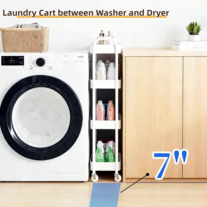 4 Tier Slim Kitchen Storage Cart for Narrow Space, 7.1'' Wide Metal Rolling cart with Wheels and Lockable Casters, Sturdy Mobile Thin Shelf for Laundry Room Between Washer and Dryer, White - Image 2
