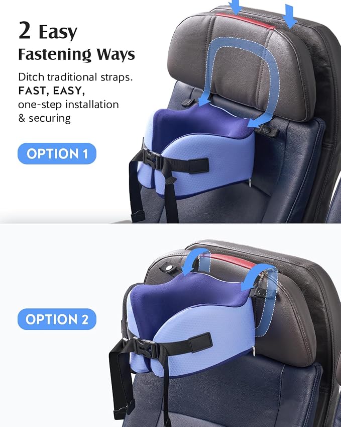 YFONG Travel Pillow with 3D Sleep Mask for Long Flights Airplane, Blue | Patented 360° Ergonomic Sleeper Hold Head Support System, Memory Foam Neck Pillow, Prevents Head Bobbing, Adjustable Strap - Image 4