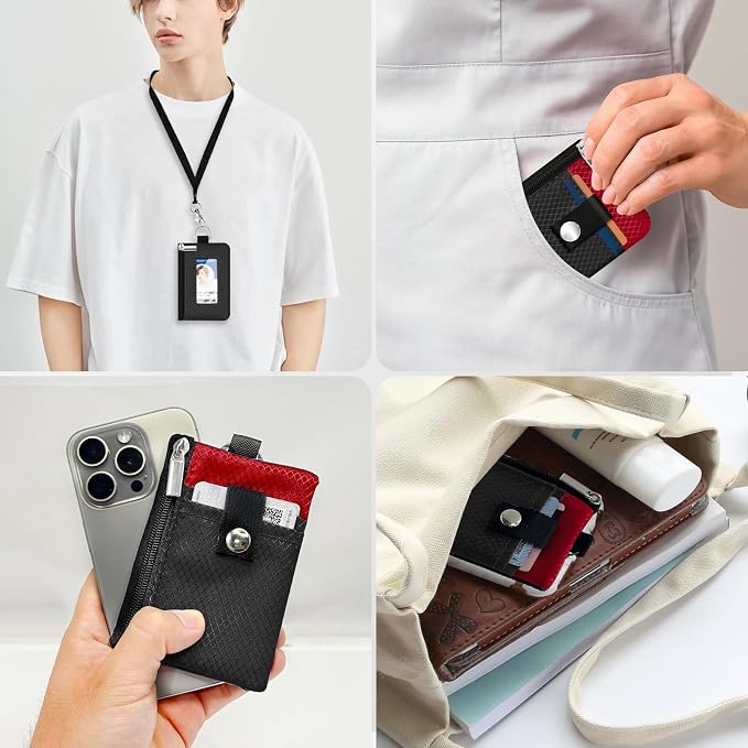 Minimalist RFID Blocking Small Wallet with ID Window,WaterResistant Zip Id Case Wallet with Lanyard Keychain for Cards,Cash,Travel,Women,Men (Black/Red) - Image 9