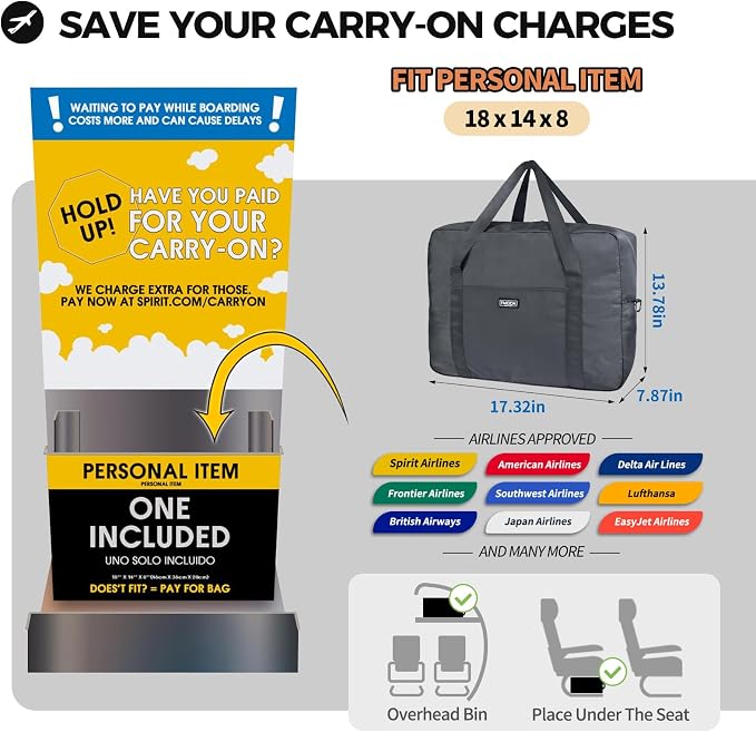 For Frontier Airlines Personal Item Bag 18x14x8 Travel Duffel Bag Carry on | With Shoulder Strap, Airline-Approved, Fits Underseat & Overhead Bin, Save On Check-in Fees, Water-resistant, Tear-resistant - Image 2