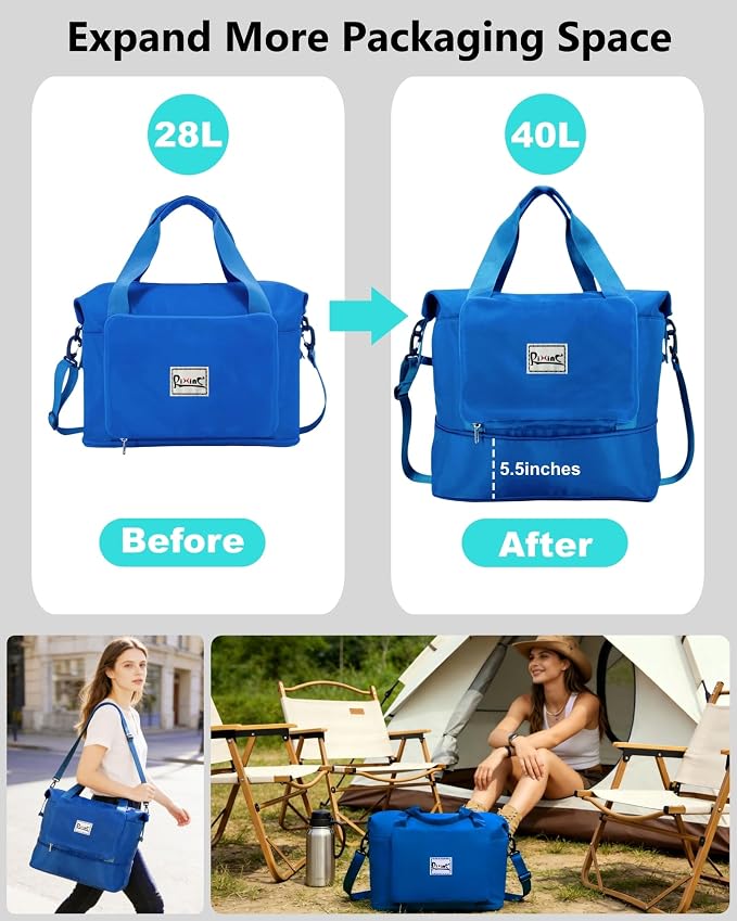 Foldable Travel Duffel Bag for Women, Blue | 40L Expandable Water-Resistant Carry on Bag, Personal Item Travel Bag Flight Approved with Wet Pocket for Gym Travel, Nylon - Image 2