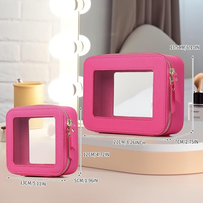 Pinkmik Clear Makeup Bag, (Fuxia, M+MINI) | 2PC,Waterproof, Travel Case for Cosmetics and Toiletries, Women's Purse Organizer, Clear Car Bag with Zipper - Image 4