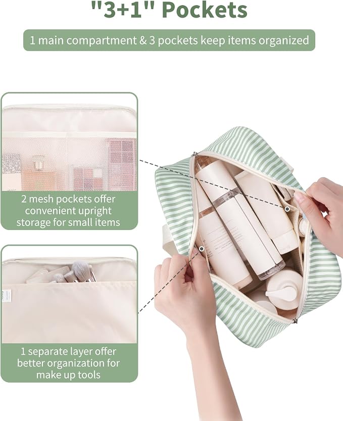 Full Size Toiletry Bag Women Large Cosmetic Bag Travel Makeup Bag Organizer Medicine Bag for Toiletries Essentials Accessories (Mint Green Stripe, Large) - Image 2
