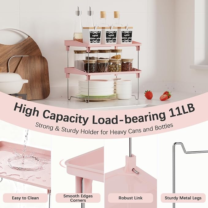 STARLATTA 2 Pcs Cabinet Organizer Shelf，Stackable Kitchen Counter Shelves, Spice Rack,Countertop Organizers，Pink Plastic Storage Shelves Rack for Makeup，Bathroom, Cupboard，Desk，Pantry Organization - Image 5