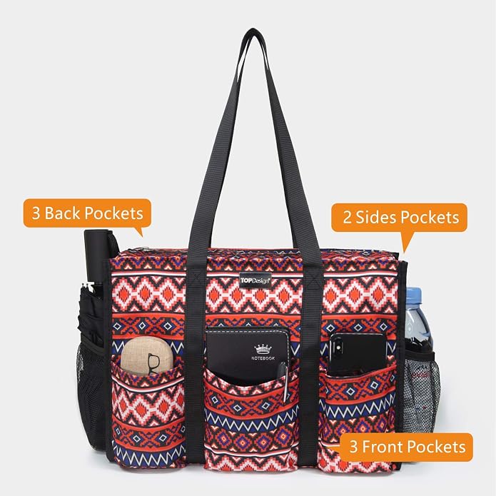 TOPDesign Utility Water Resistant Tote Bag with 13 Pockets, Top Zipper Closure & Thick Bottom Support, for Working Women - Image 3