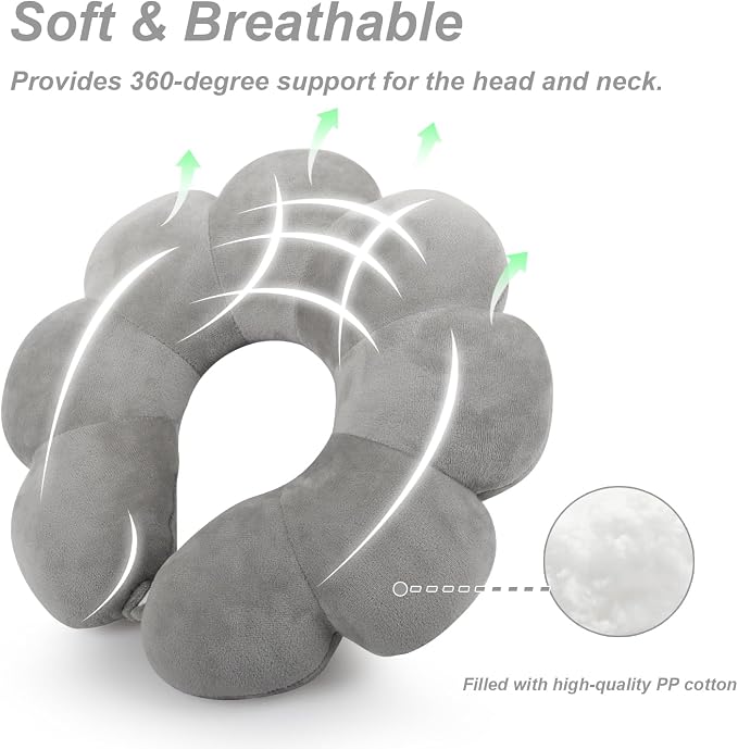 Sexysamba Flower Travel Neck Pillows for Airplanes Breathable Cotton U-Shaped Neck Pillow for Kids & Adults Head Neck Chin Support Rest Pillow for Traveling,Car,Train,Bus,Recline,Home,Office,Grey - Image 3