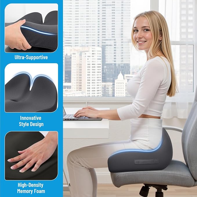 Memory Foam Seat Cushion, Ergonomic Office Chair Cushion for Long Sitting | Curved Tailbone Support Cushion for Car, Desk Chair and Wheelchair, Coccyx Comfort Pad with Breathable Cover, Gray - Image 4