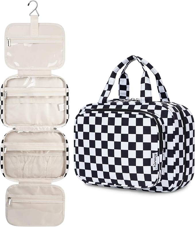 Narwey Hanging Toiletry Bag for Women Travel Makeup Bag Organizer Toiletries Bag for Travel Size Essentials Accessories Cosmetics (Black Checkerboard (Medium)) by Narwey