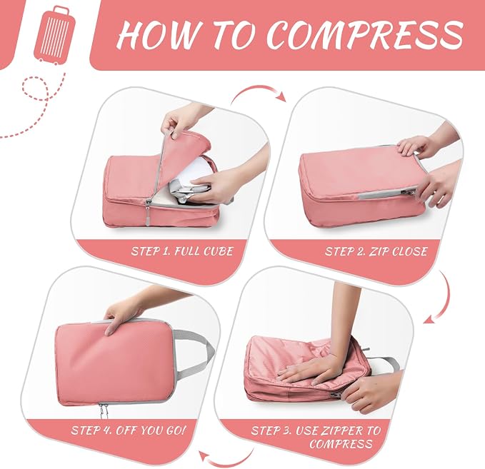 WOOMADA Compression Packing Cubes for Suitcases Travel Essentials 4 Set Expandable Travel Bags Organizer for Luggage(pink) - Image 4