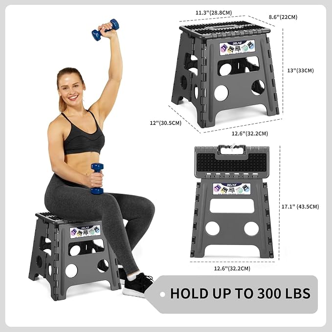 Delxo Folding Step Stool 13 Inch,300 Lbs Step Stool for Adults Dark Grey | Foldable Step Stool 13",Non-Slip Foot Stools with Handle,Lightweight Collapsible stools for Kitchen,Bathroom,Bedroom,Garden - Image 2