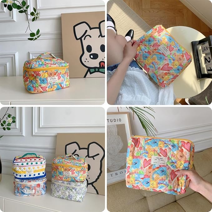 Fcteap Makeup Bag Travel Essentials Quilted Cosmetic Toiletry Pouch Organizer Insert for Women Dorm Room Essential Gift Large Capacity Opening Lightweight Cute Aesthetic Portable 2PCS (Heart) - Image 3