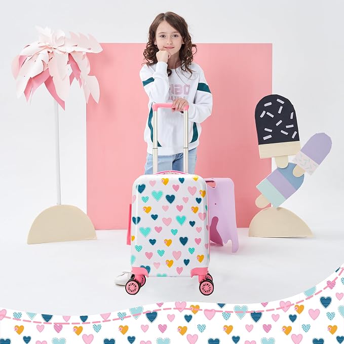 Kid's Luggage Set 5 Piece Suitcase Set 16" Hardside Luggage with Spinner Wheels Girls Carry on Toddler Travel Rolling Suitcase with Neck Pillow Airline Approved - Image 5