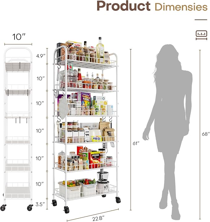 6 Tier Slim Rolling Storage Cart with Wheels, Metal Mobile Shelving Unit Organizer Utility Cart for Office Bathroom Kitchen Laundry Room Narrow Places (White 10 Inches) - Image 7