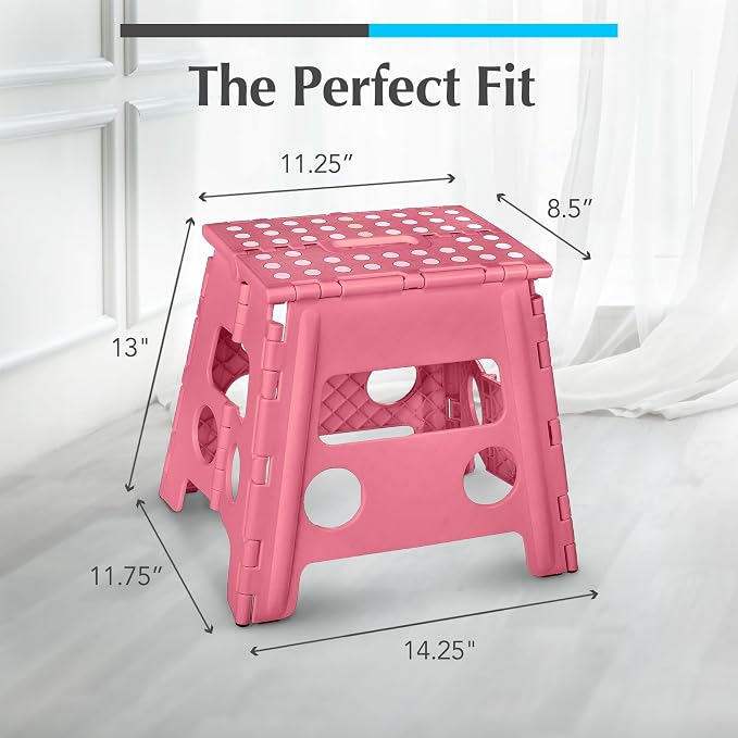 Folding Step Stool 13 Inch for Adults, Non-Slip, Holds Up to 300 lbs - Handy Laundry Foldable Stepping Stool with Handle, Lightweight Collapsible for Kitchen, Bathroom, Bedroom, Pink - Image 5