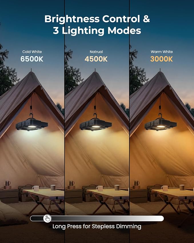PopoIron 2-in-1 Camping Fan with LED Lantern, USB-C Rechargeable Portable Fan with Sealed 8000mAh Battery Pack, Hanging & Desktop Use, 3-Speed Cooling, 3 Color Temperature Light for RV, Tent, Travel - Image 4