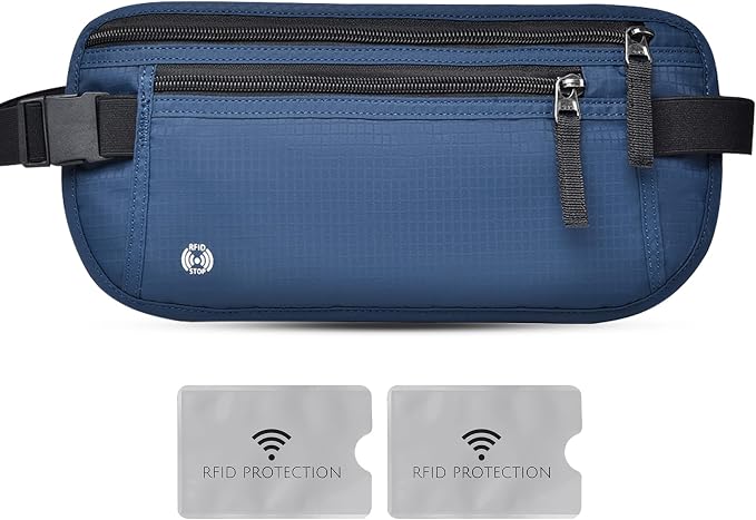 Travel Money Belt Hidden Passport Holder for Men/Women- RFID Blocking- Slim Anti-Theft Waist Wallet under Clothes,Travel Wallet Money Pouch, Travel Belt Fits Passport Phone Cash Cards (Navy Blue) by TOJKYBLYU