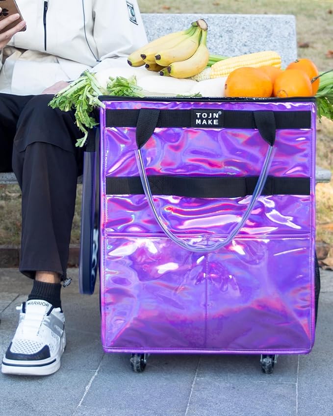 Reusable Grocery Bag with Wheels, Medium Glitter Purple Rolling Tote - Image 2
