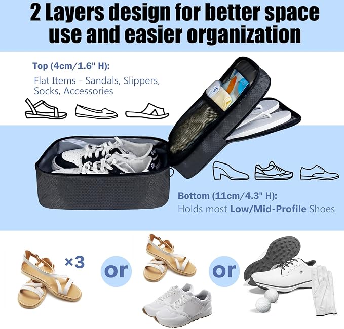 Shoe Bag for Travel,2 Layers Shoes Organizer,Honeycomb Black | Holds 3 Pairs,Trolley Strap,Easy Clean Lining,Leak Proof,Dual Zippers - Image 5