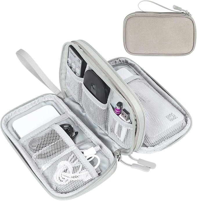 FYY Electronic Organizer, Travel Tech Pouch Bag, Medium, Khaki | Wrist Strap, Waterproof, Double Layers Portable Electronics Travel Carrying Case for Cord, Charger, Daily Business Trips Use by FYY