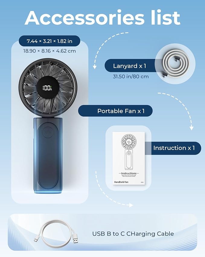 Peiyuu Handheld Fan, Portable Fan, 4000mAh Rechargeable Personal, 180° Foldable Mini Desk Fan with 6 Wind Speed, LCD Digital Display, Lanyard as Neck, Ultra Quiet, Pocket Size for Indoor Outdoor - Image 8