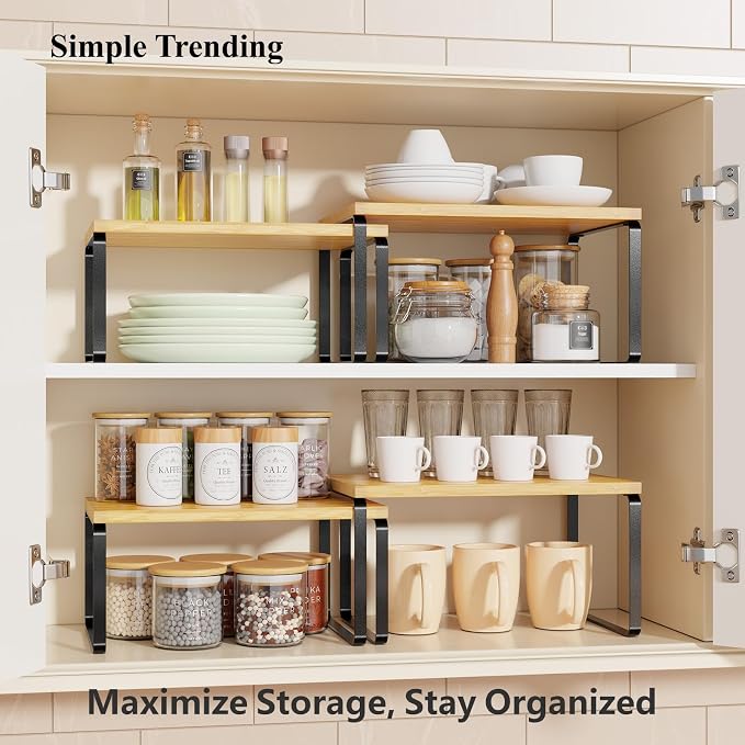 Simple Trending Bamboo Cabinet Organizer Shelf, Set of 2 Kitchen Counter Shelves, Stackable Expandable Spice Rack Kitchen Storage, Black and Natural Beige - Image 4