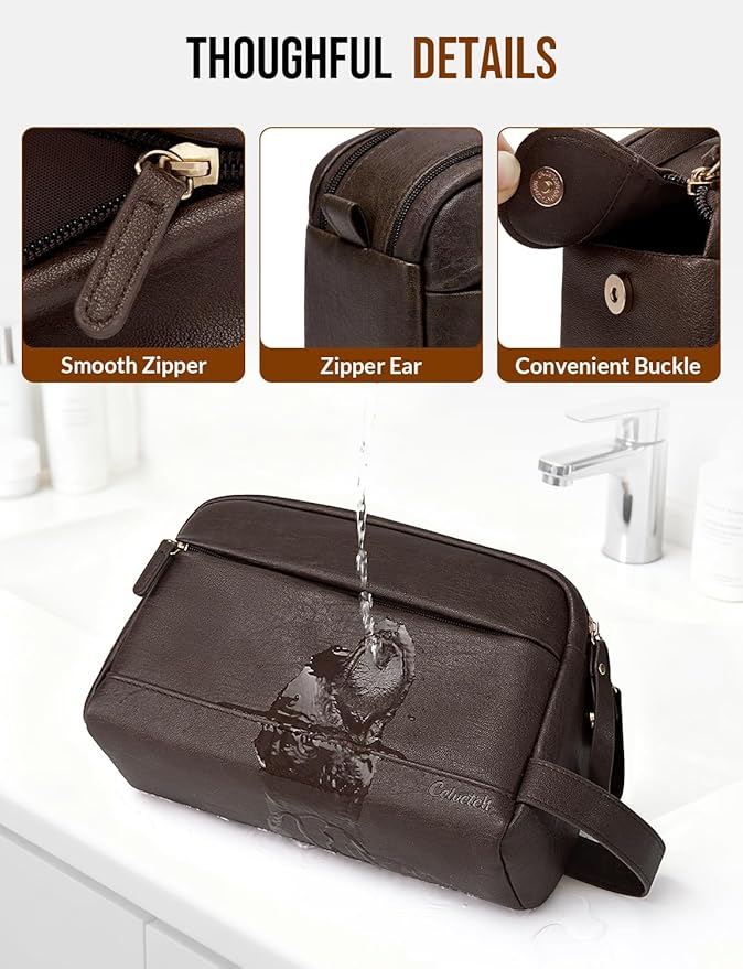 PU Leather Toiletry Bag for Men - Water Resistant Travel Bag for Toiletries, Bathroom Essentials, Accessories - Dark Brown - Image 5