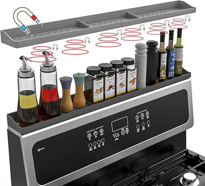 Stove Top Shelf 30 Inch - Silicone Material Magnetic Shelf for Stove -Grey | 3 Functional Partitions,Heat Resistant Kitchen Spice Rack Organizer by Weiwavivi