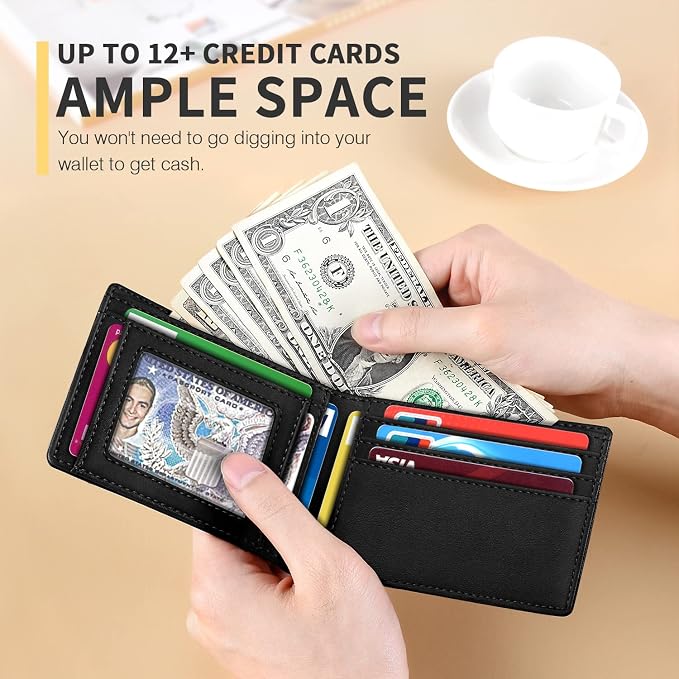 RUNBOX Wallet for Men, Slim Leather Bifold, RFID Blocking Card Holder | Minimalist Front Pocket Design, Credit Card Organizer, Holds 11 Cards, Large Capacity, Thin Profile, Birthday Gifts for Men - Image 2