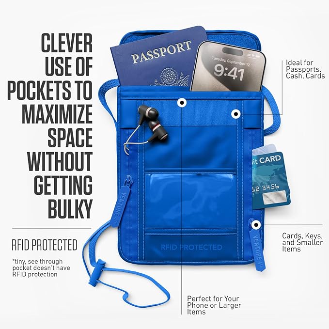 VENTURE 4TH Travel Neck Wallet, RFID Blocking Passport Holder - Sleek Blue - Image 2