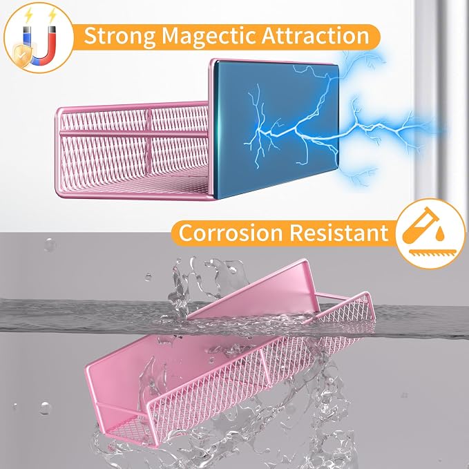 Magnetic Spice Rack for Refrigerator, 2 Pack Metal Magnetic Shelf Pink, Moveable Spice Organizer with Hooks, Super Magnetic Fridge Shelf for Kitchen Organization and Storage - Image 3