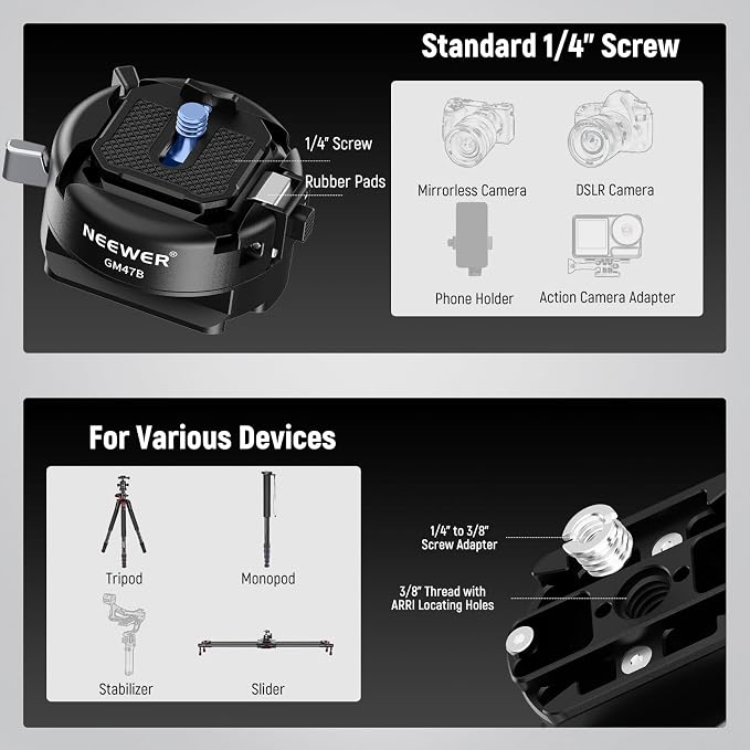 NEEWER GM47B Quick Release Plate Kit, Anti Twist Auto Lock Square QR Camera Tripod Mount Adapter & Clamp Base Compatible with DJI Ronin RS 4 Pro RS 3 RS 2 Compatible with PD - Image 6